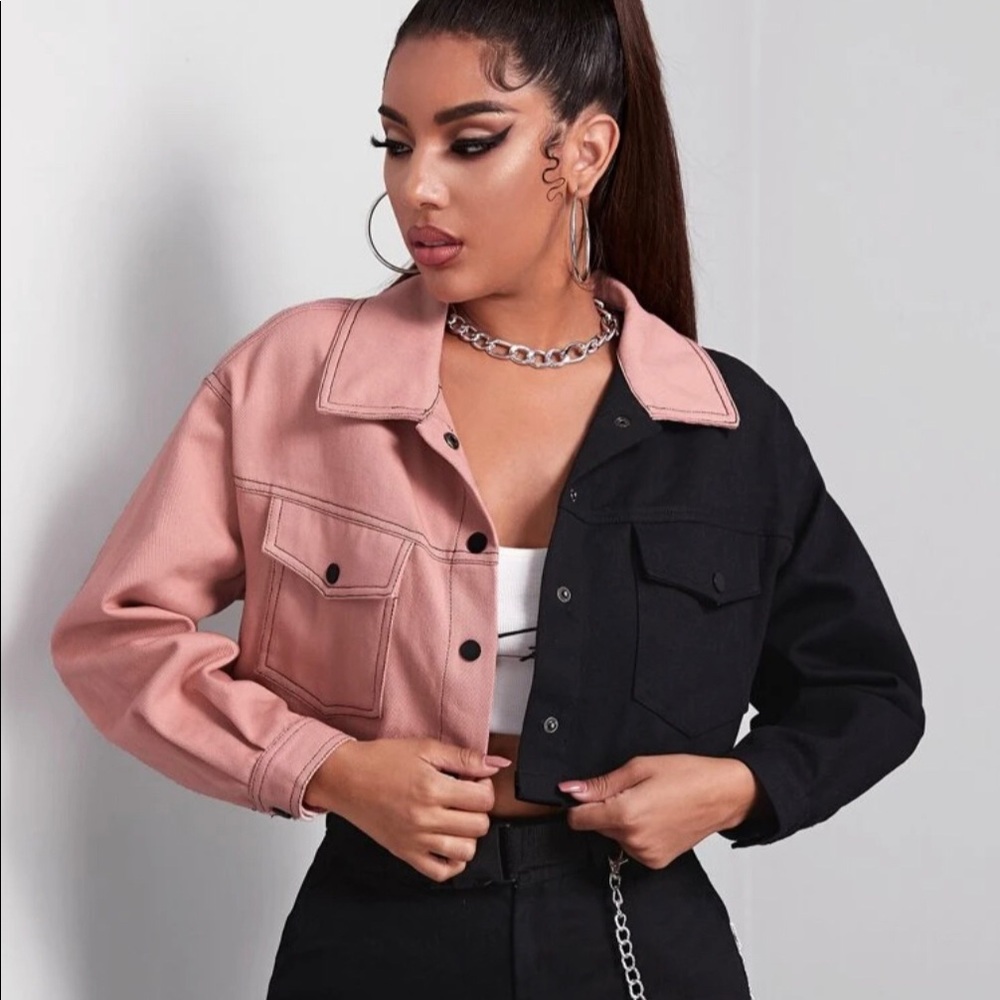 SHEIN Drop Shoulder Color Block Button Front Jacket
